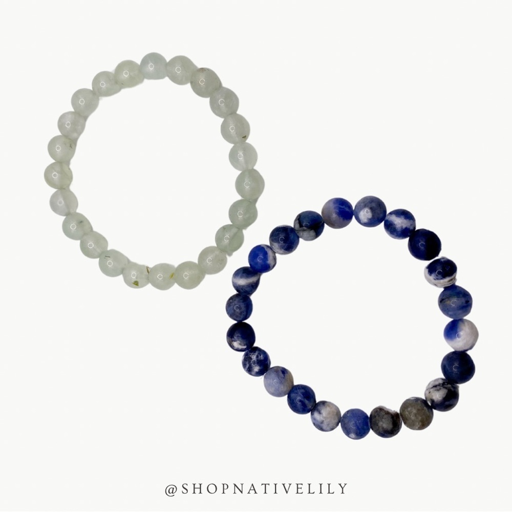 Natural Stone Stretch Beaded Bracelet Set Sodalite Quartz Blue Green Crystal OS